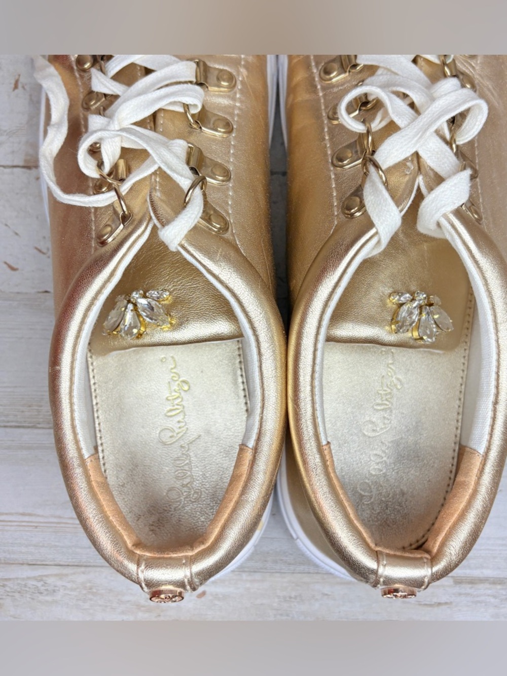 Lilly Pulitzer Hallie Casual Leather Sneakers Women’s 9.5 Metallic Gold White - Picture 11 of 12